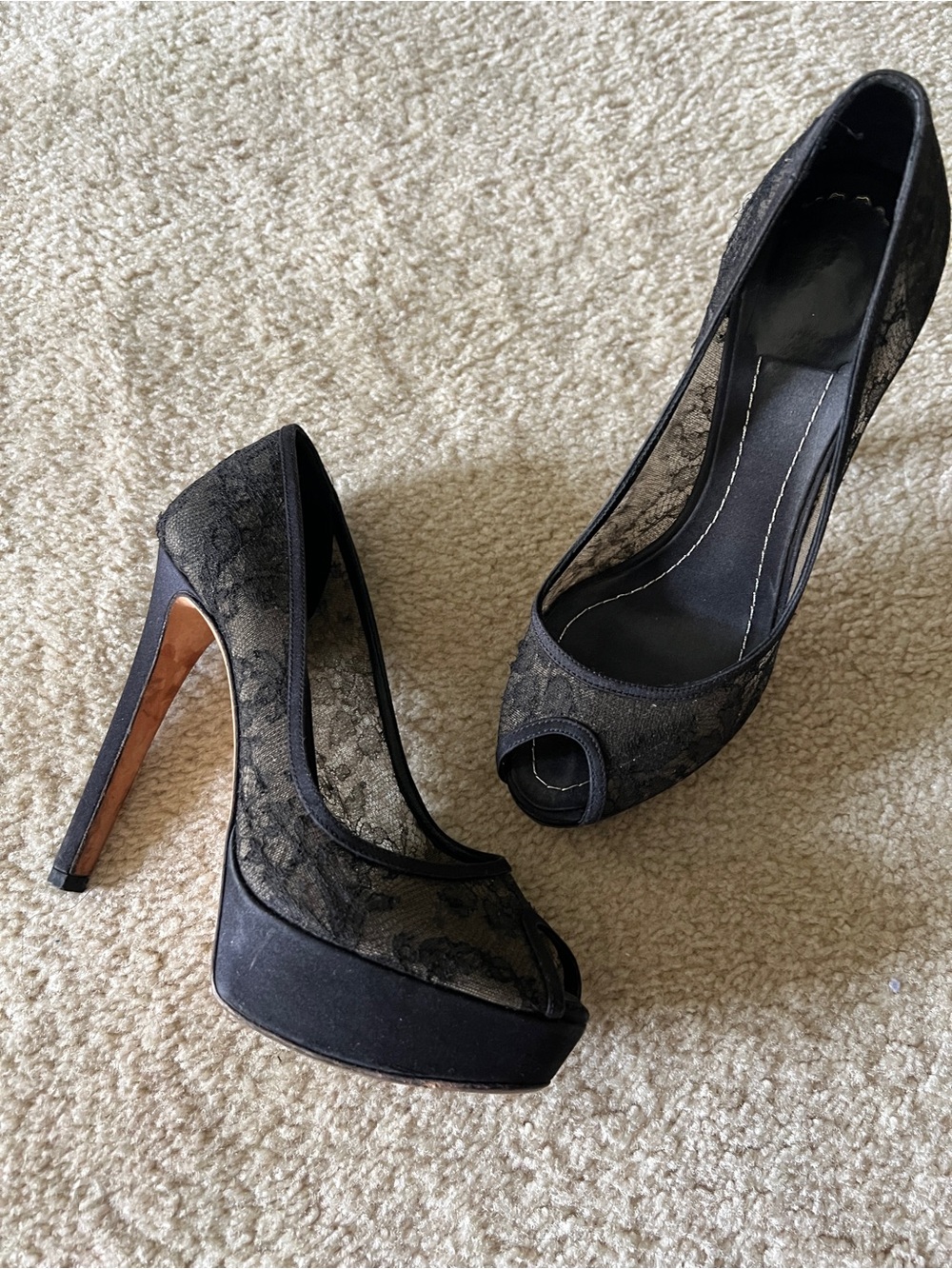 Dior Black Lace Peep-Toe Platform Stilettos